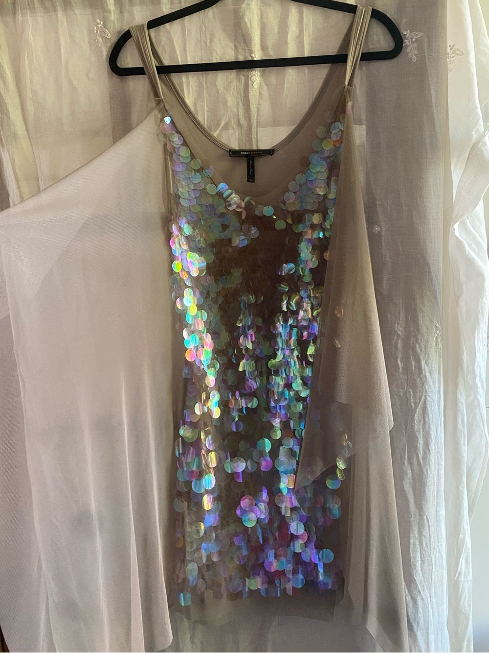 BCBGMAXAZRIA Iridescent Sequin Tulle Mini Dress XS Stretch Party